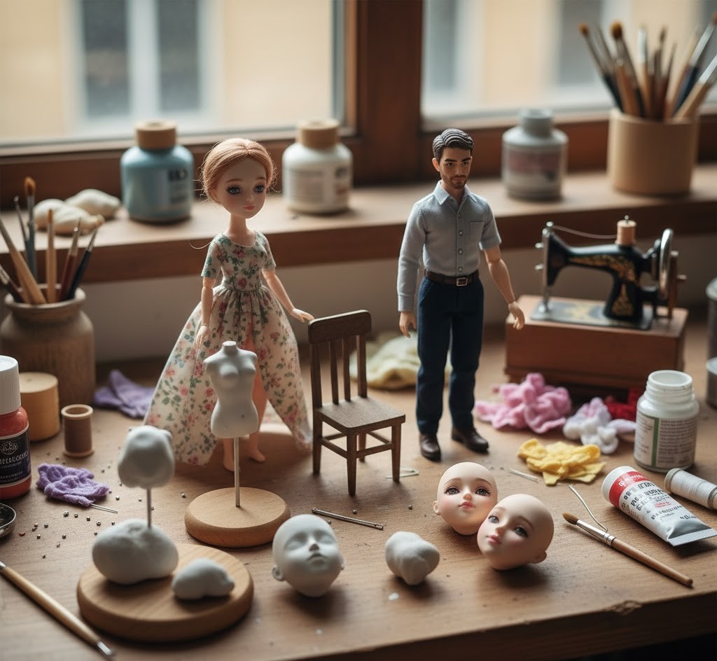 Various mini dolls in different stages of creation