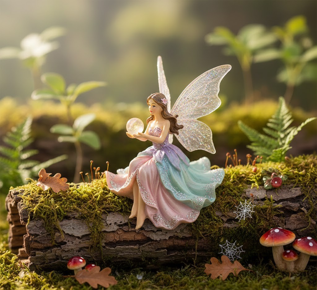 Fairy figurine with delicate wings on mossy log