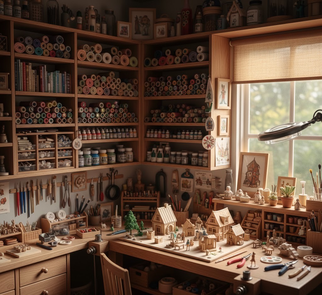Workshop with tools and materials for creating miniatures